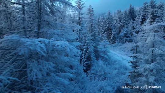 针叶林雪
松枝积雪簌簌坠落，驯鹿足迹延伸至雾凇深处，冰蓝暮色渐染林间。 by Hailuo AI Video Generator