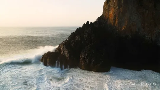 断崖怒涛
慢镜头捕捉浪花撞击黑礁瞬间，飞沫凝成水晶珠链，海鸥逆风悬停。 by Hailuo AI Video Generator