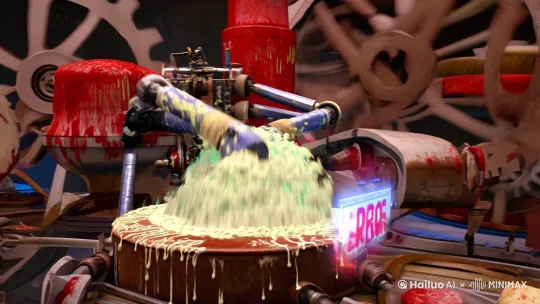 Steampunk robot with 6 hydraulic arms violently mixing glowing dough, gears rotating with ketchup stains, holographic recipe glitching with "ERROR" pop-ups, exploding cream splatter, Pixar-style 3D animation, dynamic motion blur, ultra-wide angle, 8k detail, Unreal Engine 5 rendering by Hailuo AI Video Generator