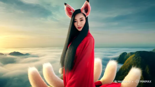 一位倾国倾城的东方女子，面容绝美，眼眸灵动且透着神秘，一头乌黑亮丽的长发如瀑布般垂下，头顶两只毛茸茸的狐狸耳朵俏皮地竖着，身着华丽的红色轻纱长裙，九条蓬松的狐狸尾巴优雅地在身后展开，站在云雾缭绕的仙山之巅，周围仙气弥漫，超现实摄影风格，奇幻艺术美学，电影级灯光，中式奇幻美感，精致线条，虚幻引擎渲染，背景为神话中的山海境界，8K 电影效果，真实的光影效果。发布文案：九尾狐颜，倾世仙颜。# 山海经 #九尾狐风采 #中式奇幻之魅 #狐影仙姿。 by Hailuo AI Video Generator