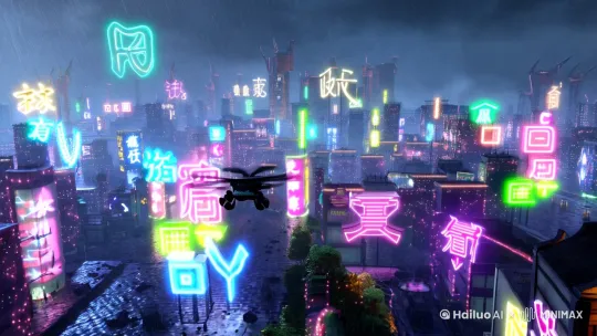 **【00:00-00:15】世界构建**
- 镜头：无人机航拍雨夜都市（霓虹汉字全息广告穿透酸雨）
- 音效：电子干扰声+合成器低频音浪
- 运镜：从300米高空俯冲至巷口垃圾箱旁的全息新闻播报
▶︎ 关键元素：酸雨腐蚀的"禁止AI觉醒"告示牌 by Hailuo AI Video Generator