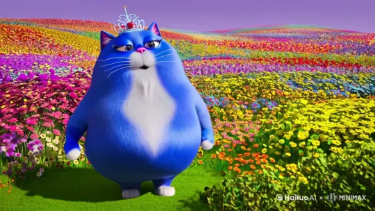 蓝色的胖猫在一片花海里唱苹果香 by Hailuo AI Video Generator