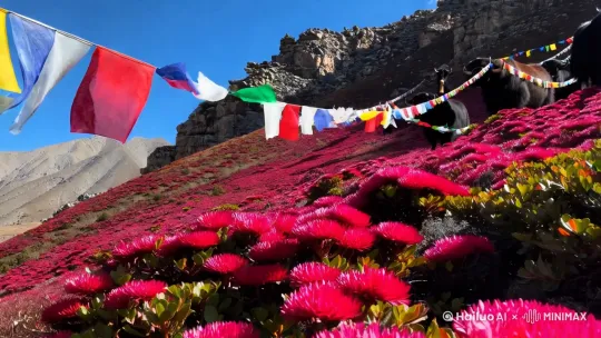 高山杜鹃
艳红花海铺满碎石坡，经幡在骤风中翻卷，牦牛脖颈铜铃隐约作响 by Hailuo AI Video Generator