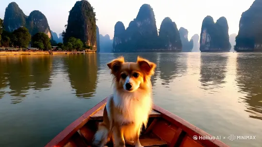 一只可爱的小狗坐在船上滑行在桂林山水中 by Hailuo AI Video Generator