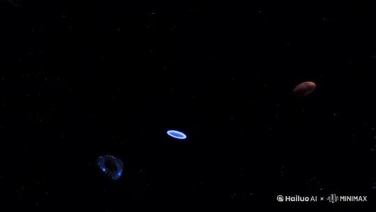 那些本应隐匿于黑暗的星体，此刻正以引力为笔，在苍穹画布上勾勒透明的轮廓。第七颗行星的大气层突然泛起虹彩涟漪，像被神祇吹拂的肥皂泡，银河漩涡在头顶缓缓旋转，我看见闪电构成的水母群正在雷暴云中交配 by Hailuo AI Video Generator