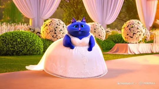 一个蓝色的胖的猫，在婚礼上穿着白色婚纱唱歌 by Hailuo AI Video Generator