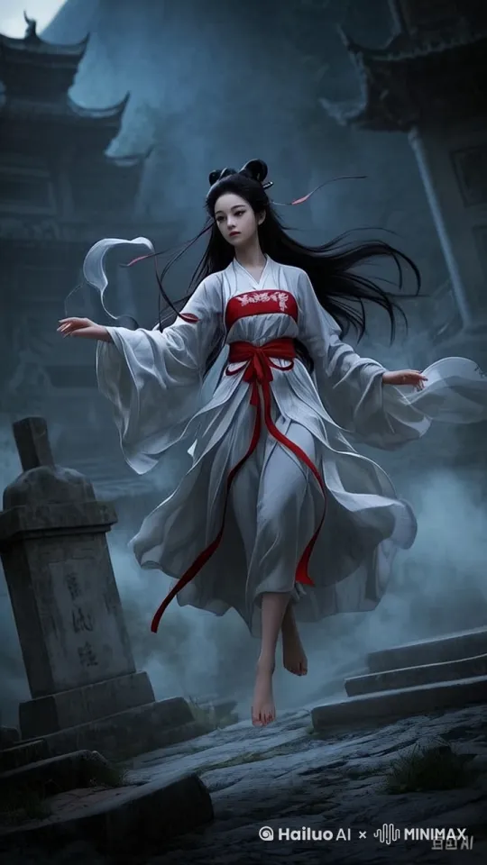飘在空中，镜头推进，上半身，脸色发白，面部美艳， by Hailuo AI Video Generator