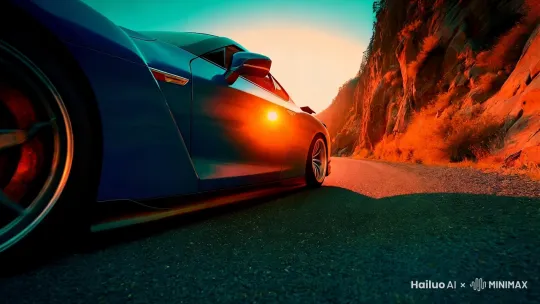 "A high-octane car drift sequence: A sleek sports car (e.g. Nissan GT-R/ Toyota Supra) violently slides through a mountain hairpin, tires screeching and spewing thick white smoke. Low-angle shot captures glowing brake discs and flying gravel. Dynamic camera follows the vehicle's sideways momentum against a sunset-lit canyon backdrop. Slow-motion close-ups of strained rubber and suspension movement. Fisheye lens distortion during peak drift angle. Final frame freezes on the car's aggressive rear stance with swirling dust clouds. Cinematic teal-orange color grading, dramatic motion blur, and lens flare accents. (Sound design note: Engine roar layered with electronic music buildup)" by Hailuo AI Video Generator