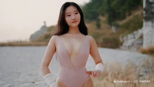 穿着舞蹈大袜的20岁Chinese女人，清纯可爱，高叉泳衣，形体丰满婀娜，站着不动，表情可爱 by Hailuo AI Video Generator