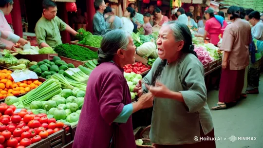 两个老奶奶在菜市场打架 by Hailuo AI Video Generator