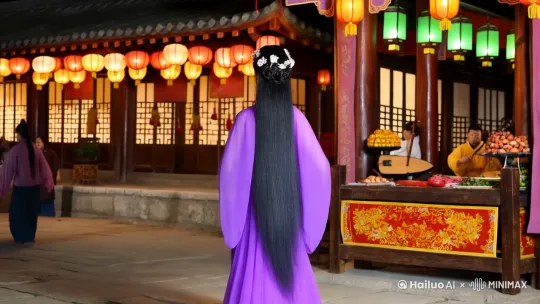 穿紫色轻纱裙跳舞，背景是大唐夜市，时间大约20秒 by Hailuo AI Video Generator