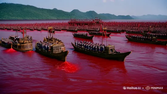 [推进,上升]
时间：古老的滇国水域
人物：秦朝将领和古滇国王
场面：双方上万人在水面乘船作战
动作：万人水战，血液染红了水域 by Hailuo AI Video Generator