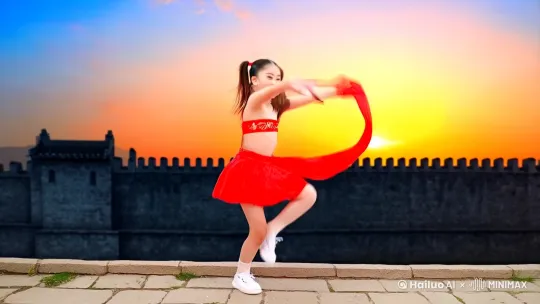 梳着哪吒双髻的元气少女，身着红肚兜与火焰纹短裙，站在古老的城墙上。随着欢快的音乐响起，她手持混天绫，时而快速旋转，时而轻盈跳跃，混天绫在风中烈烈作响，与身后的夕阳余晖相互映衬。
 
化着哪吒妆容，眉心朱砂醒目的酷飒美女，穿黑色改良束身衣，外搭火焰披风，站在金属质感的科幻舞台上。动感电子乐奏响，她动作利落有力，抬腿、出拳，披风随着节奏飞扬，灯光闪烁营造出赛博神话氛围。
 
双髻俏皮的甜美少女，身着粉色古风改良旗袍，袖口裙摆有金色混天绫刺绣，站在桃花盛开的庭院中。悠扬古典乐起，她轻摇身姿，莲步轻移，时而挥舞双臂，仿佛手中混天绫在飘，落花纷纷，画面唯美 by Hailuo AI Video Generator