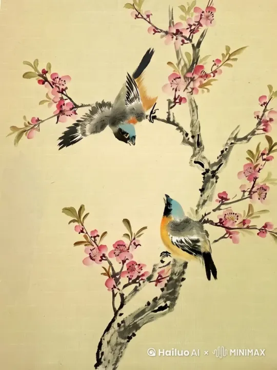 叶子和花朵轻轻摇摆，小鸟在歌唱和玩耍 by Hailuo AI Video Generator
