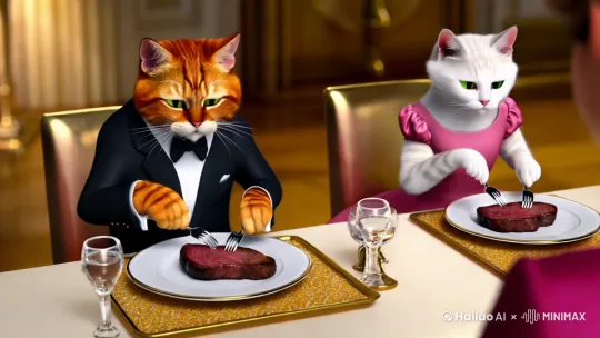 一只橘猫穿着黑色的西装，带着蝴蝶结；这只橘猫的对面坐着一只白色的橘猫，穿着粉色的裙子；两只橘猫正在吃牛排 by Hailuo AI Video Generator