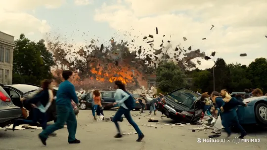 Wide shot, slight handheld shake. The monstrous creature erupts from the ground, writhing tendrils and debris flying as it roars. Chaos unfolds—cars overturned, people fleeing—then suddenly, a high school girl steps into frame, striking a perfect duck-face selfie pose. The contrast is absurd; she angles her phone just right, unfazed by the apocalyptic horror behind her. by Hailuo AI Video Generator