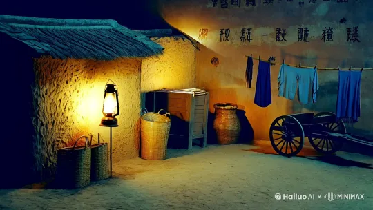 [Vintage Chinese village] [1980s night scene] [moonlit courtyard],  
[rammed earth walls with fading slogans] [wooden grain storage bin],  
[kerosene lamp illumination] [hand-woven bamboo baskets],  
[clothesline with indigo-dyed fabric] [wooden-wheeled cart],  
[cinematic lighting] [Kodak Ektachrome color palette],  
[film grain] [slight chromatic aberration] [35mm film texture],  
[soft shadows] [warm color temperature 2800K] [fujifilm superia 800],  
[night atmosphere] [nostalgic tone] --ar 9:16 --v 6.0 by Hailuo AI Video Generator