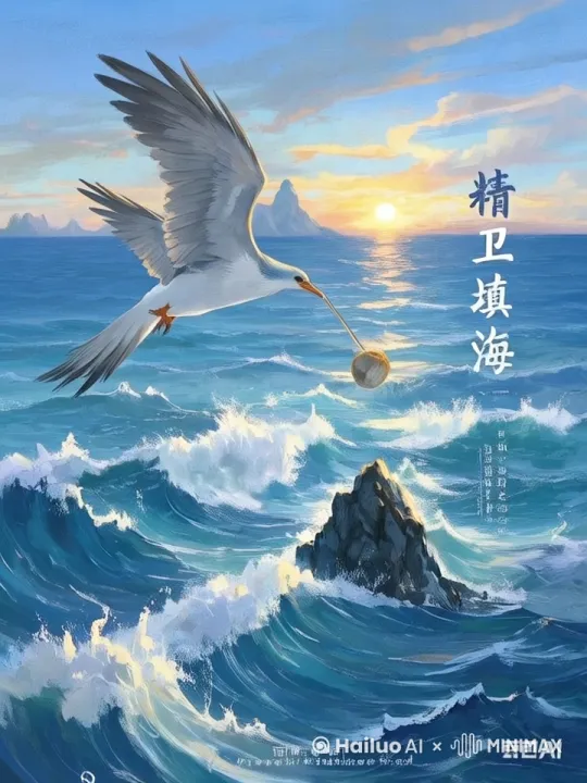 1. 填海动作：精卫双爪紧紧攥住一枚石子，身姿如离弦之箭般俯冲而下，带着一往无前的气势，将石子狠狠砸向海面，溅起微小却又倔强的水花。随后，它迅速振翅，再次拔高，飞回山林，准备下一次的投掷。

2. 飞翔神态：精卫鸟飞翔时，眼眸中燃烧着坚毅的光芒，直直地盯着海面，目光从未有过一丝偏移。它的脖颈向前伸展，羽毛因急速飞行而向后紧绷，仿佛在与海风对抗，每一次振翅都充满力量，透着不屈不挠的倔强 ，无畏地穿梭于海天之间。 by Hailuo AI Video Generator