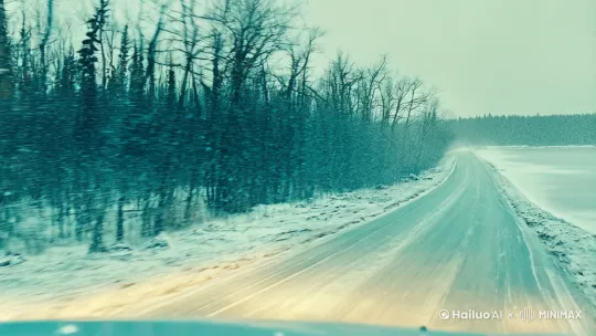 [场景]车内第一视角/冬季暴风雪/泥泞结冰的湖畔公路/荒芜的枯树林/结冰湖面延伸至天际
[镜头]挡风玻璃雨刷慢速摆动/后视镜雪花飞溅/方向盘特写（手部入镜）/车灯穿透雪幕/轮胎压过雪泥特写
[视觉]电影级调色（青蓝冷色调）/高动态范围（HDR）/浅景深效果/雪花体积光/运动模糊/2.35:1宽屏画幅
[动态]慢速推轨镜头（2秒）/雪花撞击玻璃的微距（0.5秒）/仪表盘温度特写（-18℃显示）/枯枝在风雪中摇曳
[氛围]极简主义构图/低饱和度/暗部保留细节/柔光滤镜/胶片颗粒质感/环境闭塞阴影 by Hailuo AI Video Generator