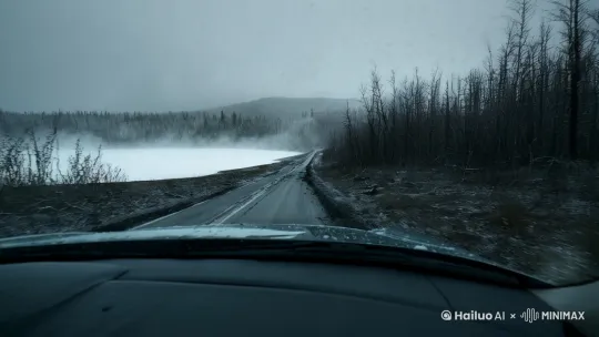 【环境设定】
车内第一视角驾驶舱/暴风雪侵袭的湖畔公路/泥泞冰面混合路面/枯树林环绕结冰湖面/能见度300米 by Hailuo AI Video Generator