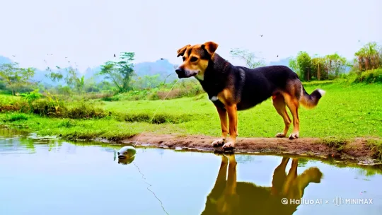 一只中华田园犬正在悠闲的钓鱼，并且很快鱼儿上钩展开拉锯战。 by Hailuo AI Video Generator
