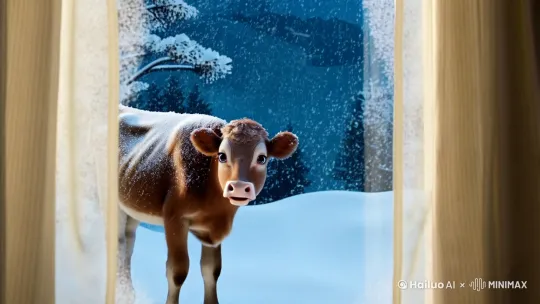 大雪纷飞,窗外的世界被银装素裹,一片静谧。透过玻璃,一只可爱的牛犊正站在雪地里,它的眼神温柔而纯净,嘴角微微上扬,仿佛在对着镜头微笑。雪花轻轻落在它的身上,仿佛为它披上了一层薄薄的纱衣,显得格外动人。 by Hailuo AI Video Generator