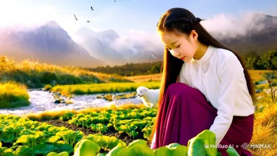 一个18岁的中国女孩在菜地里忙着种菜，她长相清纯可爱，秀丽可人，长头发，绑着辣椒辫子，可爱的发型，身穿白色衬衣，酒红色的长裙，皮肤白嫩，温暖的阳光照耀在菜地上，身边有一处小溪水流淌，白色活泼的狗崽子在一傍调皮的追逐蝴蝶，远处是雾气缭绕的大山，飞鸟悠闲的飞在空中，整个画面如仙境一般诗意，镜头不动 by Hailuo AI Video Generator