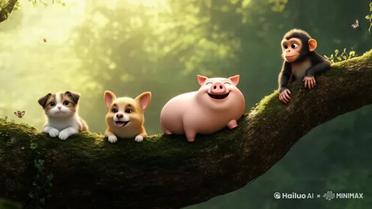 小猫发表讲话，其他动物听着 by Hailuo AI Video Generator