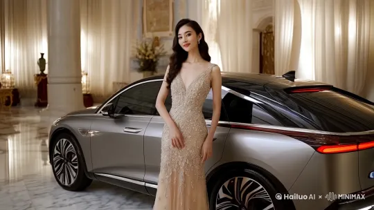 杨贵妃杨玉环正站在比亚迪海豹车旁当车模，举手投足千娇百媚 by Hailuo AI Video Generator