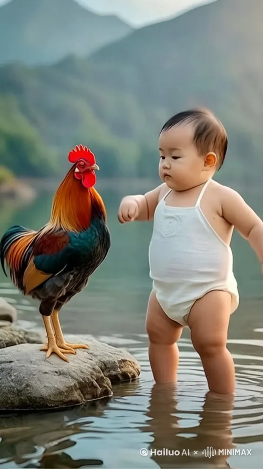 在蓝天白云之下，无垠的绿草地上，两岁的中国小男孩恰似一颗闪耀的星辰，身穿连体背心裤，英气勃发。
 
一只雄壮的大公鸡亦是威风凛凛，毫不示弱，前腿高高跳起来，与小男孩展开激烈对打。
 
小男孩身姿矫健，腾空飞起，拳脚生风，脚下水面波浪滚滚，搏斗得脚下水花四溅，每一击都带着无畏的勇气和坚定的信念。大公鸡也气势汹汹着，不甘示弱，气势磅礴，每一招都尽显王者之威，拼的反击
 
拳风呼啸，鸡爪挥舞，尘土飞扬，场面惊心动魄，仿佛要将这天地都搅得风云变色。他们的激战，是力量与勇气的碰撞，是坚韧与狂野的交锋，让整个世界都为之屏息，见证这场震撼灵魂的战斗。整个水面碧波荡漾 by Hailuo AI Video Generator