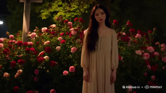 街角的玫瑰在夜色中依然绽放，仿佛在诉说着女孩的心事。路灯下，女孩的身影渐行渐远，最终消失在夜色中。 by Hailuo AI Video Generator