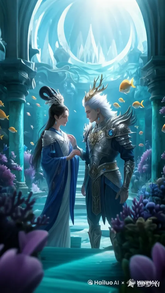 龙宫里的水族都在动，两个人深情对望 by Hailuo AI Video Generator