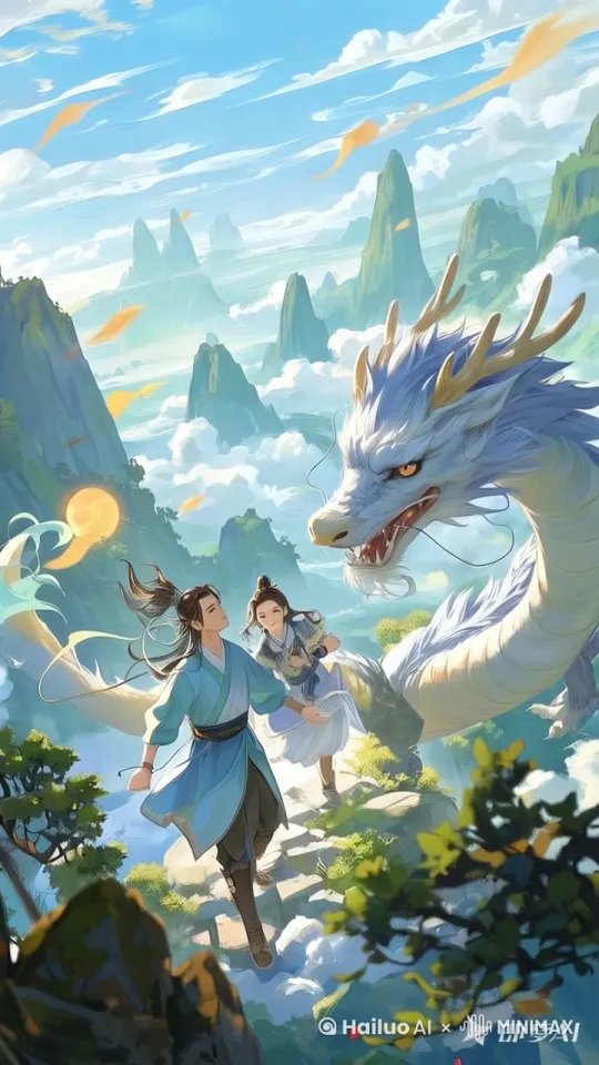 镜头跟进，两个人往前走，龙在后面跟着 by Hailuo AI Video Generator
