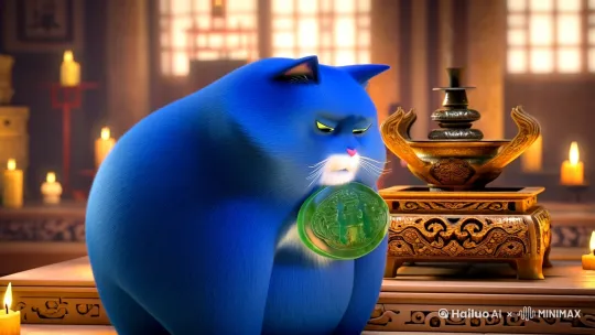 蓝色的胖猫在供台上带着玉牌对着香炉虔诚的拜了三拜 by Hailuo AI Video Generator