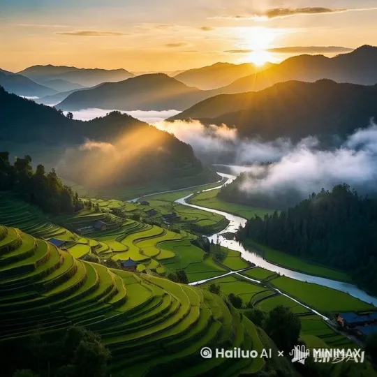 清晨山谷的超现实风光摄影，云海轻柔地拥抱着连绵起伏的山峦，宛如仙境。蜿蜒的河流如同一条银色的丝带，穿梭在翠绿的梯田之中，水面倒映着湛蓝的天空，与周围的绿色形成鲜明对比。阳光透过薄雾，金色的光辉洒落在生机盎然的梯田上，每一级梯田都仿佛被镀上了一层金边。远处的山脉层次分明，覆盖着郁郁葱葱的植被，展现出大自然的雄伟壮观。几座古色古香的传统建筑错落有致地镶嵌在梯田间，增添了几分人文的温暖与历史的厚重感。采用广角镜头，模拟无人机航拍视角，从高空俯瞰这幅宁静而壮丽的画面，展现出山谷的广阔与深远。 by Hailuo AI Video Generator