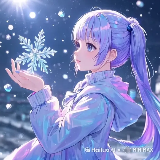 身体微微向前晃动，手捧着的雪花随着缓慢运动，刘海和发鬓也随着先前摆动，马尾向后微微摆动 by Hailuo AI Video Generator