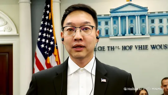 穿黑西装白衬衫在美国白宫新闻发布会上讲话 by Hailuo AI Video Generator