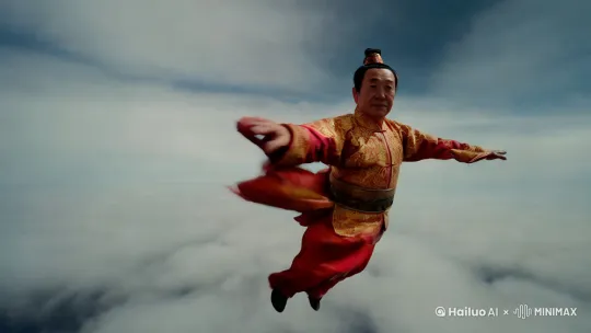 一个身穿古装的古代中年，在云层中穿梭飞行,镜头跟随， fpv视角，云层滚动，镜头冲击力强，镜头穿梭，第一视角，高速飞行，动态模糊，红色闪电 by Hailuo AI Video Generator