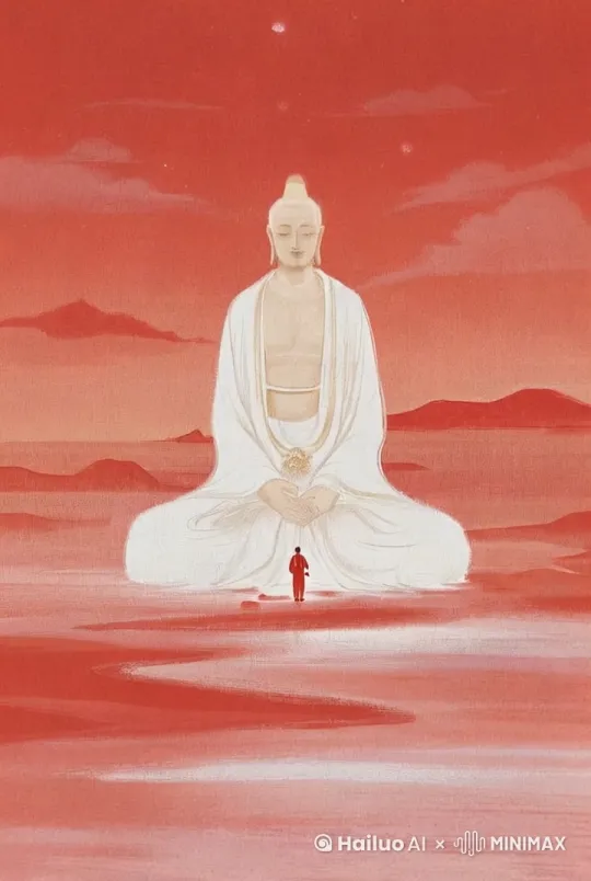 小红人向佛陀弯腰行礼，佛陀微笑着伸手接小红人，云在飘动，水在流淌 by Hailuo AI Video Generator