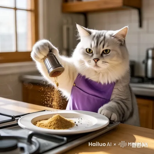 猫咪调兑烧烤料 by Hailuo AI Video Generator