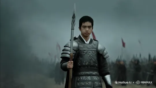 右环移动镜头，一位威风凛凛的年轻将军，身披厚重的古代铠甲，他手持一杆锋利的长矛，矛尖寒光闪烁，仿佛能刺破苍穹。将军站在一片辽阔的古战场上，四周硝烟弥漫，战旗在风中猎猎作响。将军往前方走过来，镜头跟随，拍到将军的全身。 by Hailuo AI Video Generator