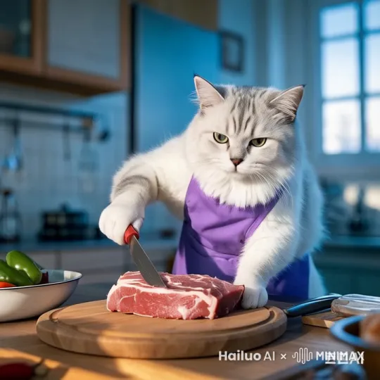 猫咪把肉切成块 by Hailuo AI Video Generator