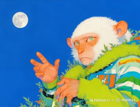 猴子举起手打招呼，眨着眼睛，月亮移动 by Hailuo AI Video Generator