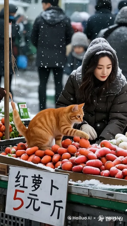 猫把萝卜拿个美女，然后有去摸红萝卜 by Hailuo AI Video Generator