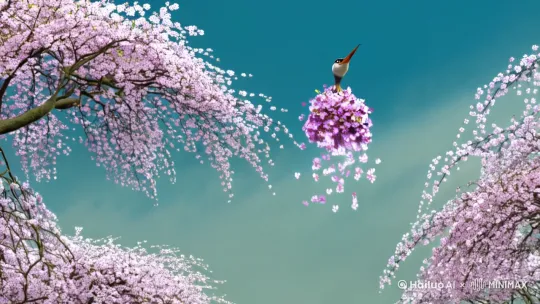 一只嘴里含着樱花天堂极乐鸟 ，刚起来，樱花从嘴里落下(坠落运镜)，缓缓地随风飘扬，开满樱花 的树也随摇曳，如同少女在翩翩起舞。电影格式  童话境界。格莱美运镜 by Hailuo AI Video Generator