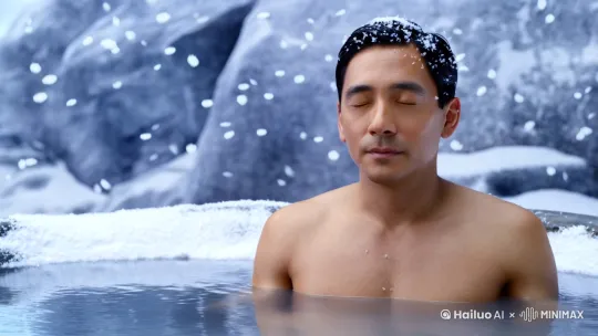 冰天雪地，下着雪，卡屁吧啦闭着眼睛惬意地泡着一处温暖的温泉，雪在它头上落着，面前还有快煮好的火锅，里面全是素菜和粉丝，旁边的鬣狗留着口水看着这一切。 by Hailuo AI Video Generator