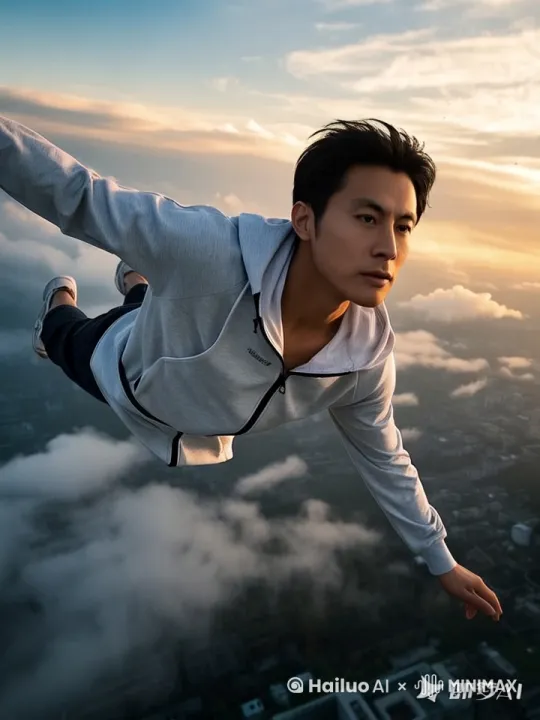 人物从地面垂直起飞至高空，身体略微前倾，人物俯卧往前面快速飞行起来，飞的过程中改变姿势，纯灰白色薄款连帽防晒上衣，衣物随风飘动，背景为动态云层和夕阳，视角跟随人物上升逐渐拉远，运动轨迹平滑无卡顿，人物长相面部特征一致
   - **动态背景生成**：  
     “眉山远景楼上空背景，绕远景楼快速流动，沿着街道滑行，带快速飞行效果，广角俯视视角，4K分辨率。” by Hailuo AI Video Generator