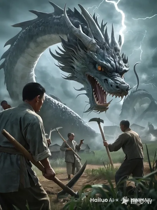 图片中的黑龙嘴里喷出大火，地上的村民，一跃而起飞上空中跟黑龙打斗厮杀 by Hailuo AI Video Generator