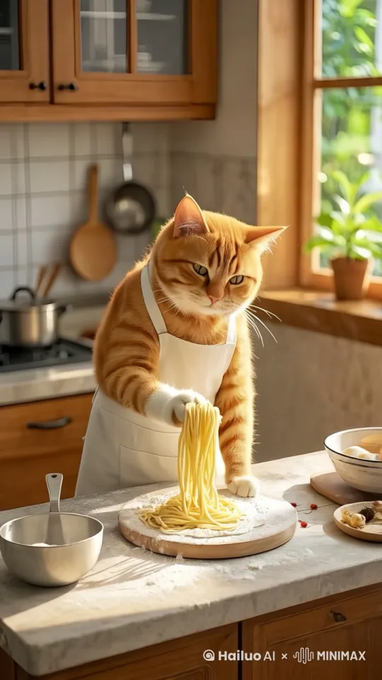 一只拟人化的橘色猫咪，穿着白色围裙，站立在厨房台面前，正在拉扯面条，做面条，台面上有面粉和容器，背景有橱柜和厨具，室内厨房场景。 by Hailuo AI Video Generator
