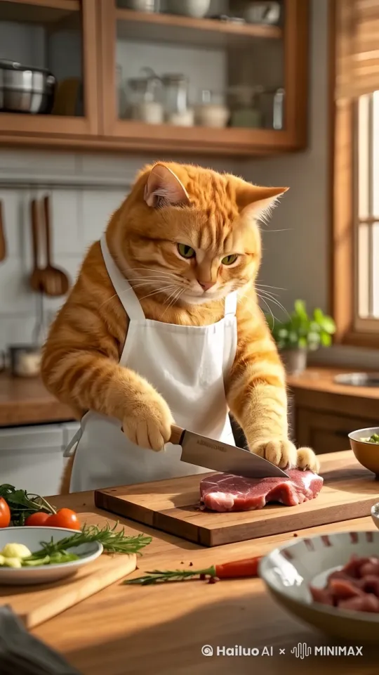 一只拟人化的橘色猫咪，穿着白色围裙，站立在厨房台面前，正在用刀切割案板上的生肉，案板旁有碗和其他食材，背景有橱柜和厨具，室内厨房场景。 by Hailuo AI Video Generator